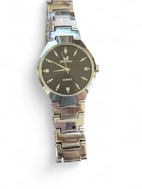 Men's Silver Stainless Steel Quartz Watch with Black Dial